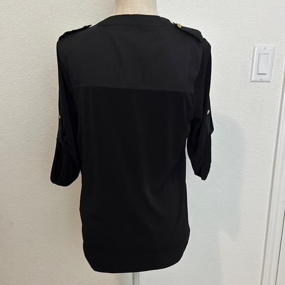 Carmen Marc Valvo Black Button-Down, Patch Pocket 3/4 Roll Sleeves  Top Size S/P - Picture 4 of 9